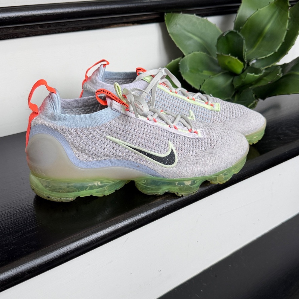 Nike Women’s VaporMax Flyknit Sneakers - Light Gray, Neon Green, Orange